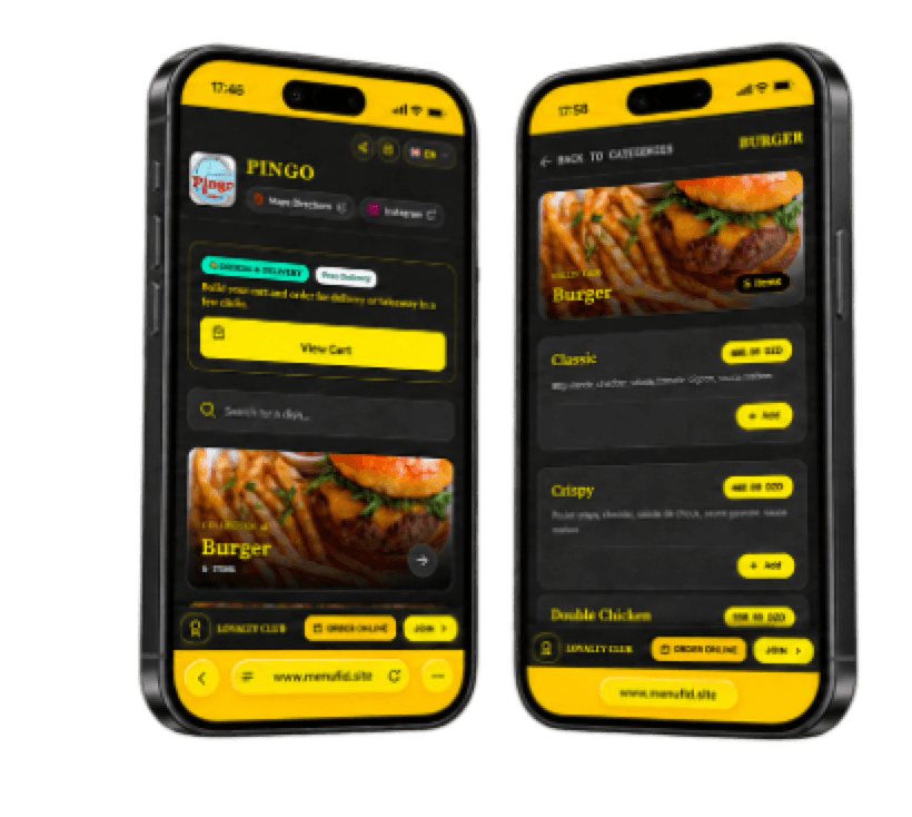 MenuFid digital menu on two smartphones